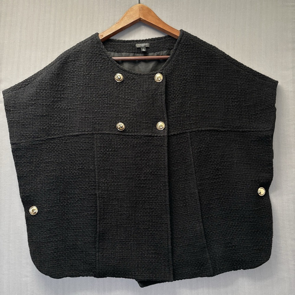 Talbots Plus Womens 1X Black Tweed Capel Jacket Double Breasted Gold Button Chic